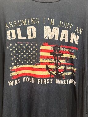 Old Man Graphic Tee - Navy with Red & White Flag Design